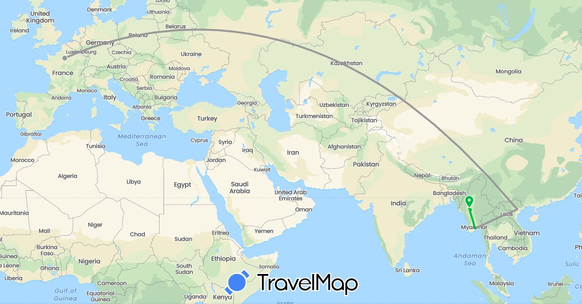 TravelMap itinerary: driving, bus, plane in France, Myanmar (Burma), Vietnam (Asia, Europe)